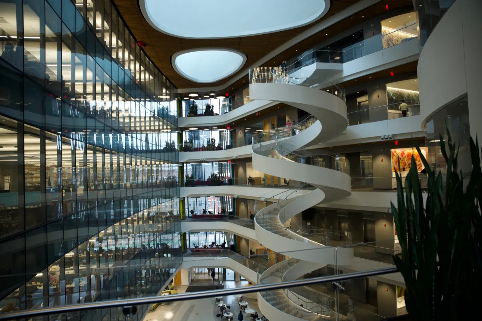 The atrium of Northeastern’s ISEC building, with its helix staircase